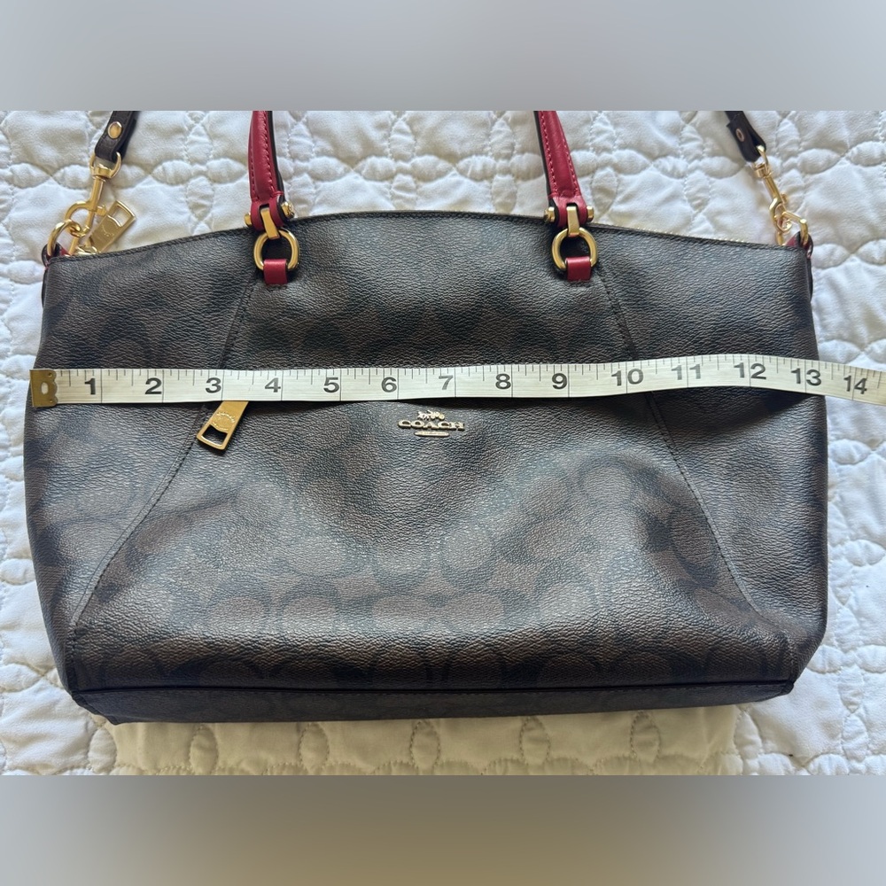 Coach Prairie Satchel Brown Signature Tote with Red Handles Crossbody *READ* - Picture 9 of 11